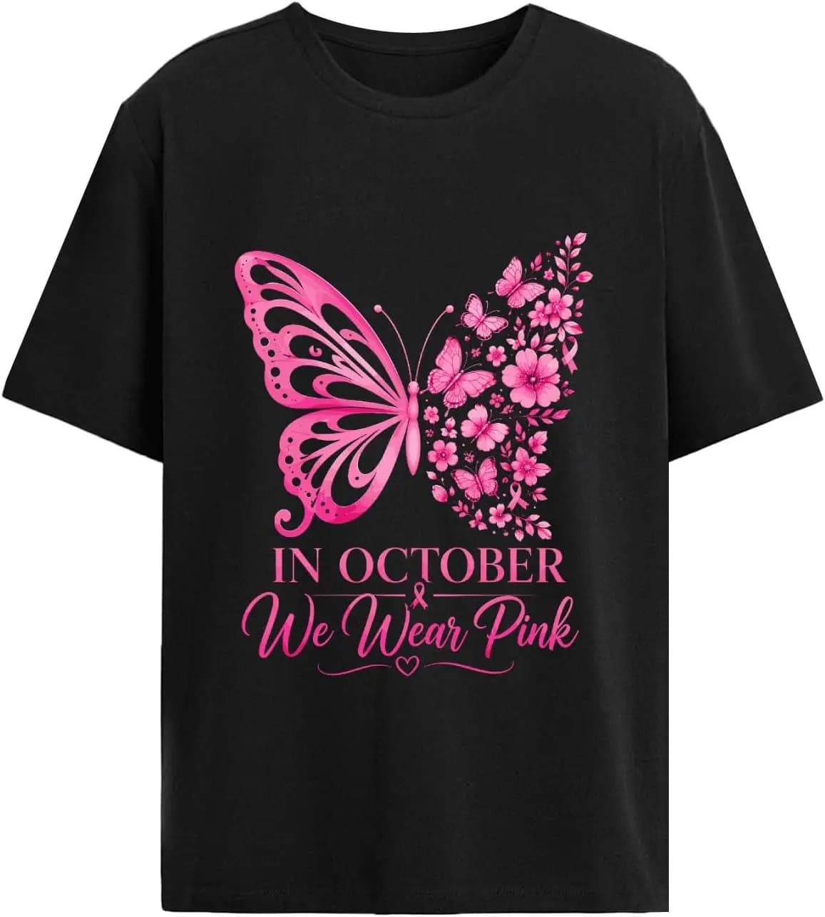 In October We Wear Pink Butterfly Breast Cancer Awareness T Shirts Women 100% Cotton Trendy Y2K Short-Sleeve Tee – Soft,