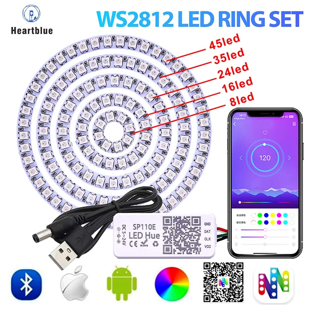 Striscia LED USB DC5V COB RGB WS2812 indirizzabile individualmente con controller APP Bluetooth SP110E 8/16/24/35/45/128 LED/m Anello LED