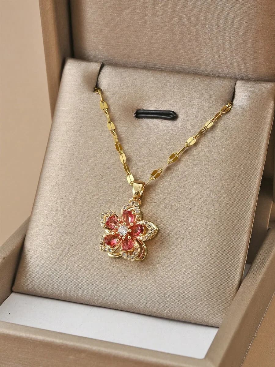 1pc Stainless Steel 5-Petal Rotating Flower Necklace, Suitable For Women's Daily Wear, Women's Gold Color Necklace, High-Quality