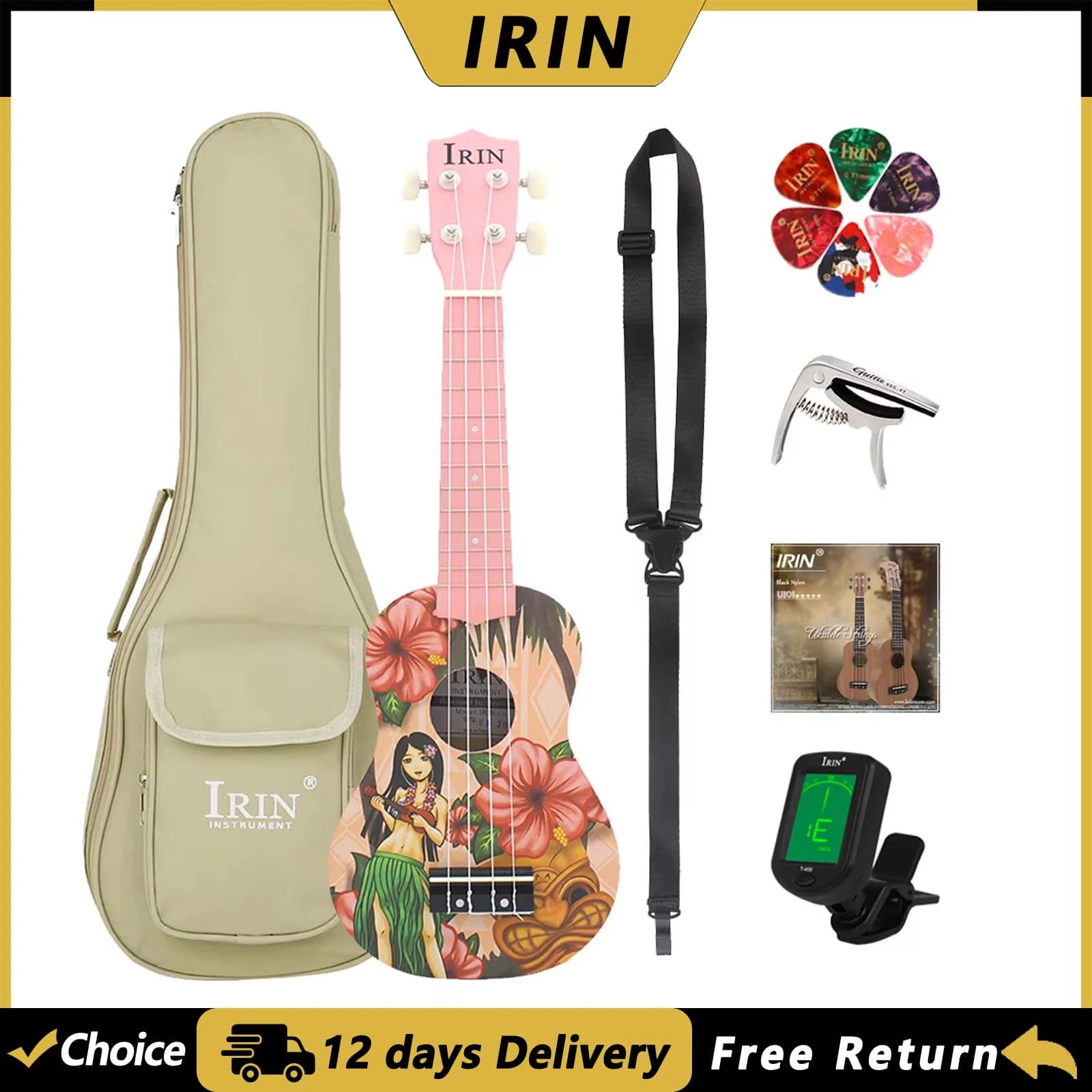 IRIN Ukulele 21 Pollici 4 Corde Chitarra Hawaiana Rosa Mini Ukulele per Ragazze con Corde Accordatore Borsa Parti e Accessori per Chitarra