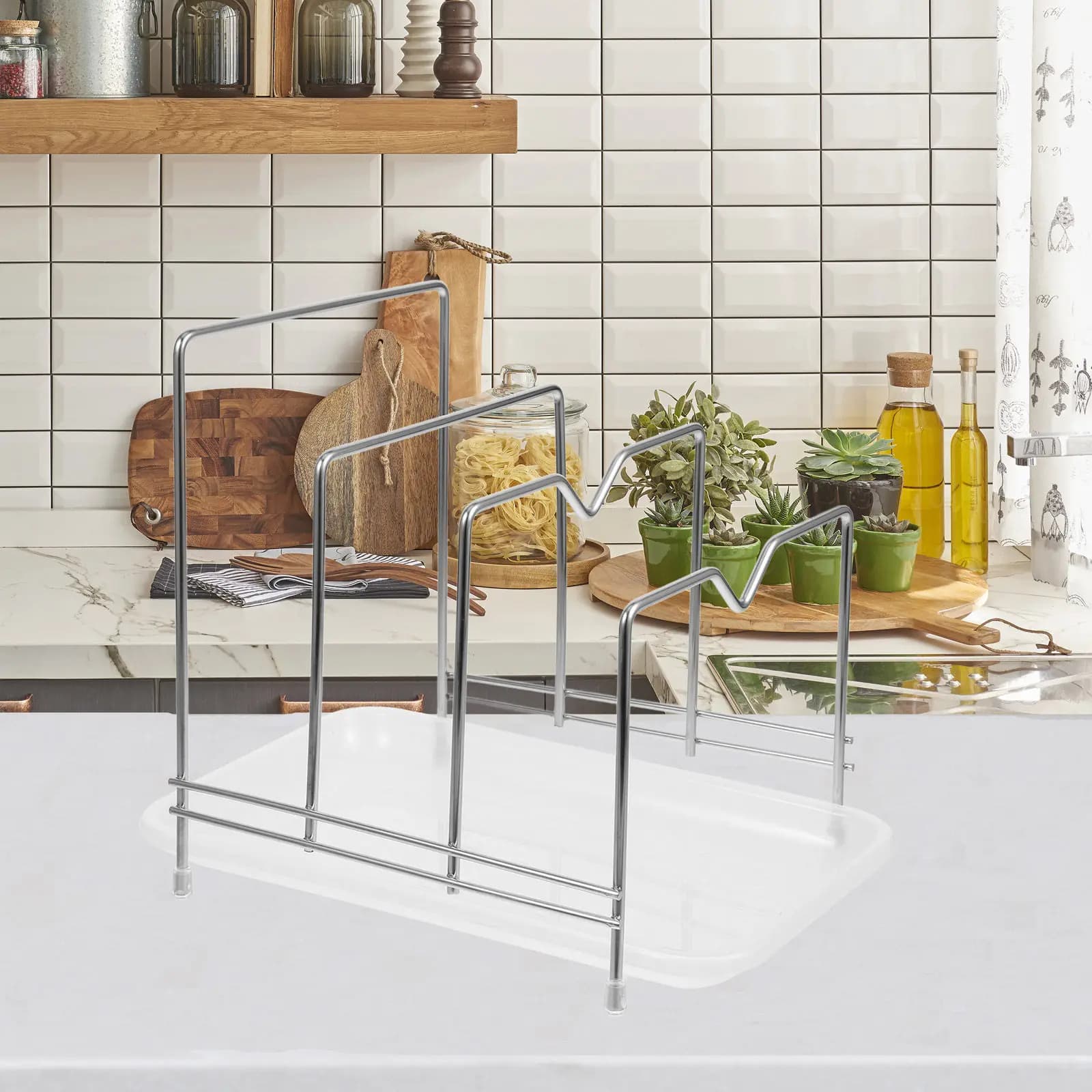 Cutting Board Organizer Stainless Steel Pot Lid Rack 3-Section Countertop Storage Stand with Drain Tray Kitchen Organizer