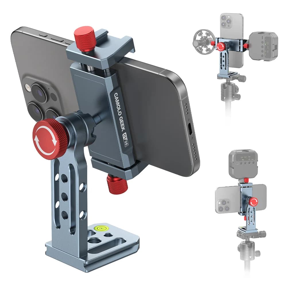 CAMOLO Aluminum Phone Tripod Mount 360 Phone Stand Holder Clamp with Cold Shoe & Arca Base for iPhone&2.5"-4" Wide Smartphones