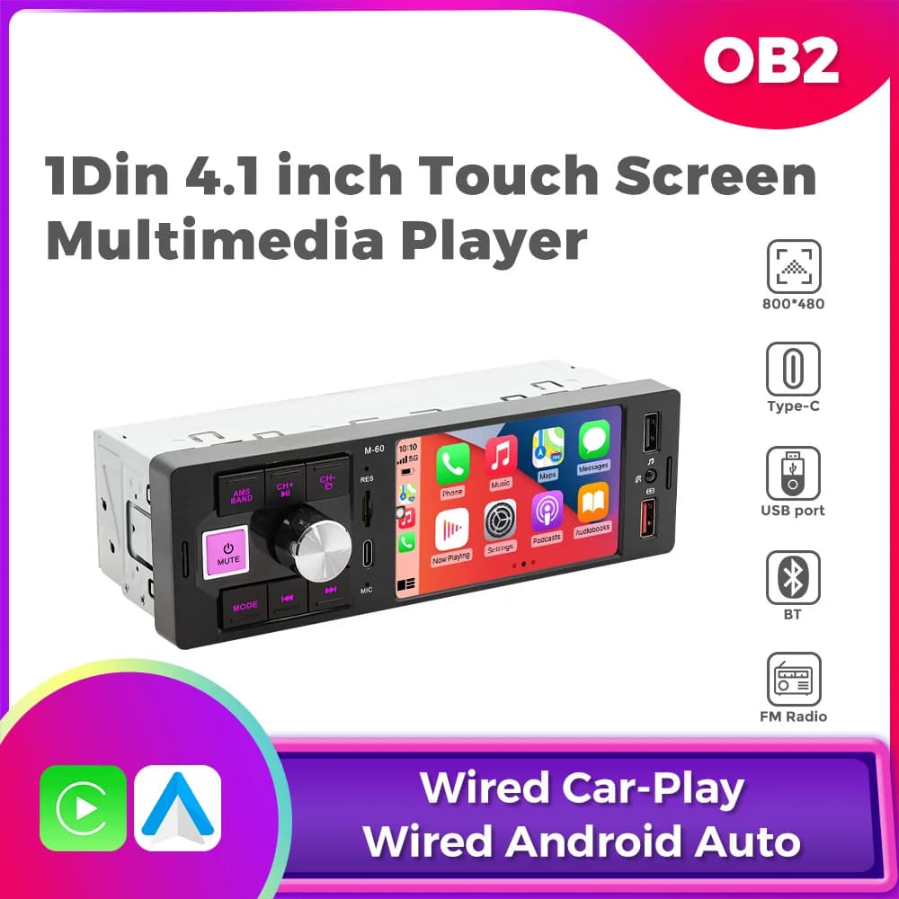 1Din 4.1 pollici Carplay Android Auto Touch Screen HD Automotive Multimedia Auto Lettore MP5 USB FM Bluetooth TF Card Stereo Video AUX