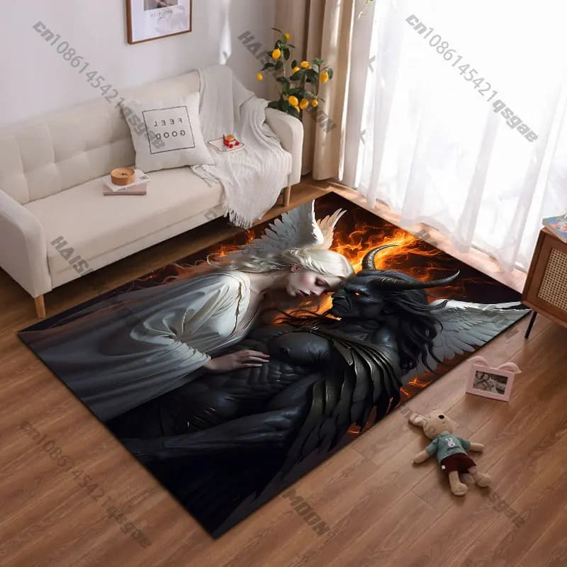 Tappeto con motivo Angelo Demone e sfondo infuocato, per Yoga, arredamento soggiorno, tappetino per gattonare per bambini, zerbino, tappeto decorativo, tappetino da gioco