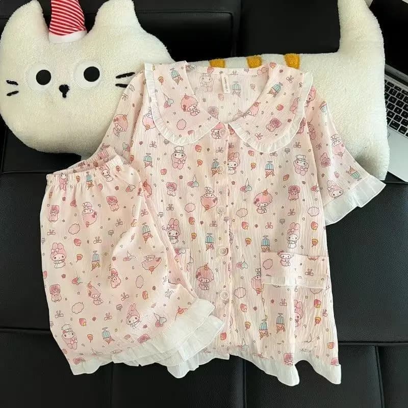 Set Pigiama da Ragazza My Melody 2 Pezzi, Sanrio Anime, Moda Giapponese, Pizzo Dolce, Manica Corta, Casual Estivo, Pigiama da Donna, Abbigliamento per Casa per Studentesse
