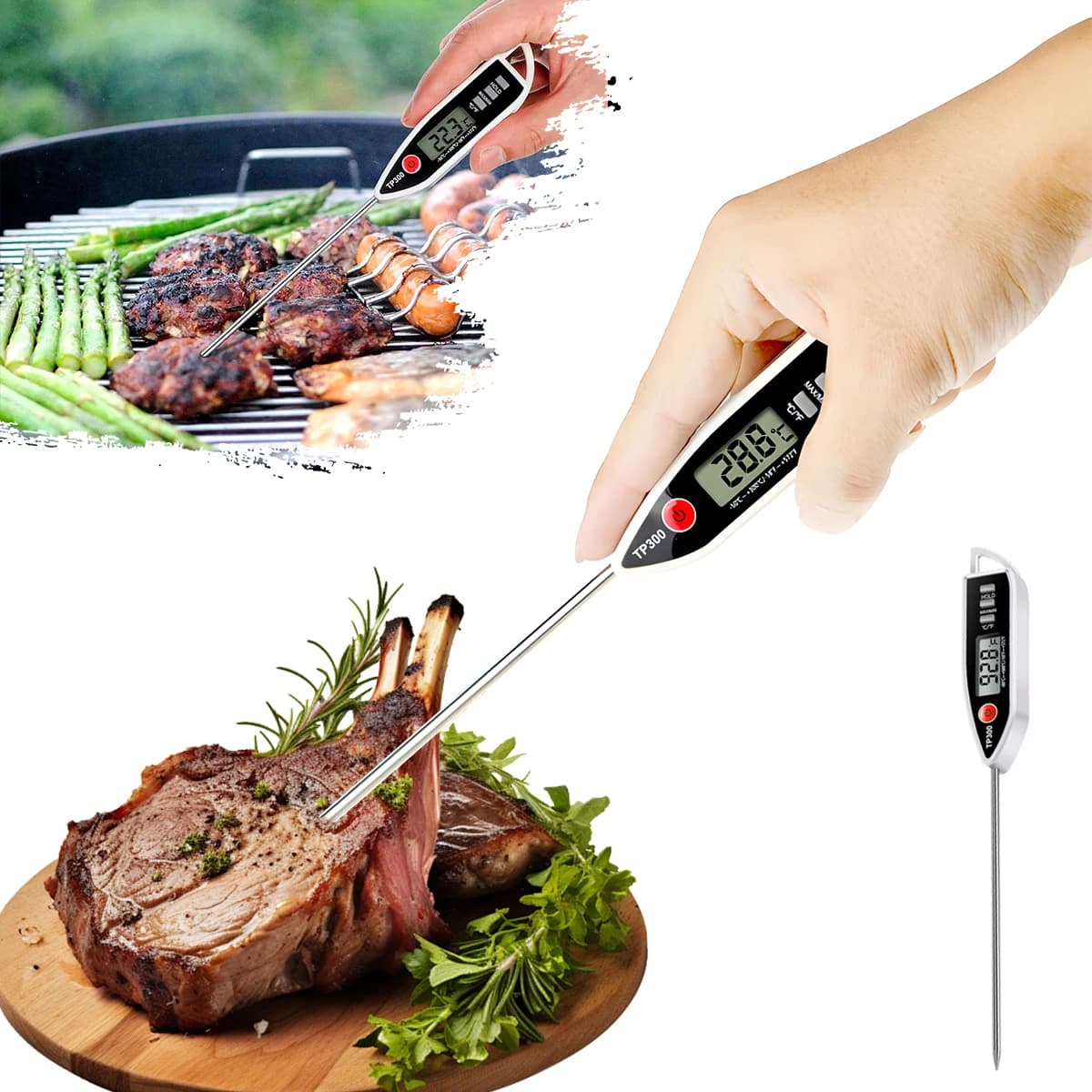 Kitchen thermometer for food: rapid temperature measurement, high precision, folding design (battery included)