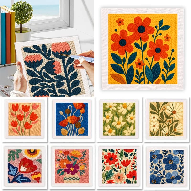 25x25cm Punch Needle Embroidery Starter Kits With Frame For Beginner Flower Handicrafts Poking Embroidery Yarn Painting