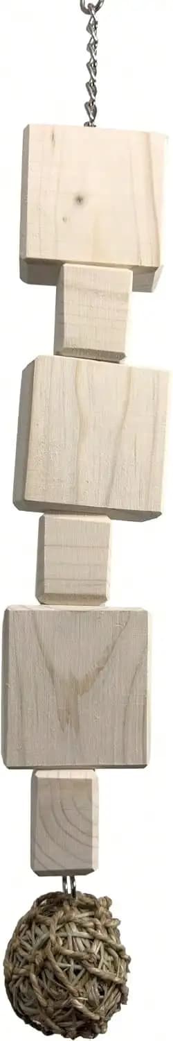1813 Large Natural Seagrass Chew Bird Toy 26" - Handcrafted Wood Block & Woven Ball Parrot Toys For African Grey, , Cockatoo & Macaw - Hanging Cage Accessories With Heavy Duty Chain For Chewing