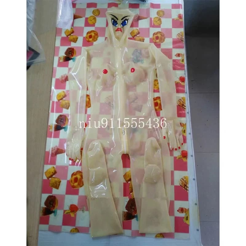 Catsuit in lattice trasparente per tutto il corpo 3d Body in gomma per il seno Tuta a copertura totale con cappuccio con cerniera sul cavallo posteriore Guanti Calzini da donna
