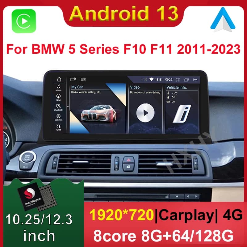 Snapdragon Android 13 Lettore DVD per auto per BMW Serie 5 520i F10 F11 G30 2011-2023 Sistema Multimediale Radio GPS Navi Audio Carplay