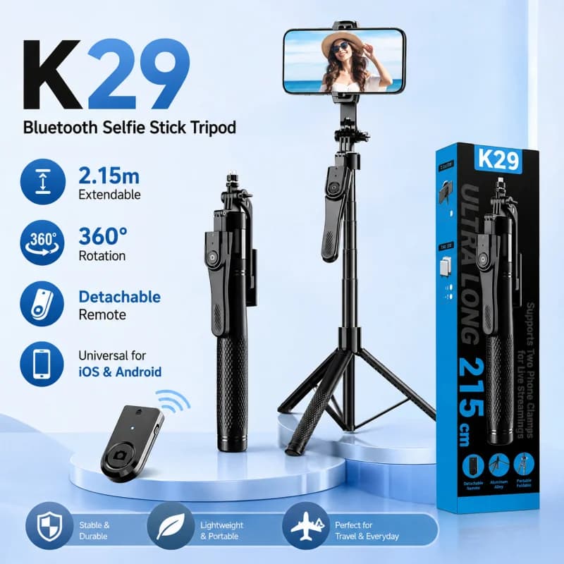 Treppiede per selfie Bluetooth da 2 m con telecomando, supporto universale estensibile per telefono per iPhone Android, Live Streaming Vlog Trave