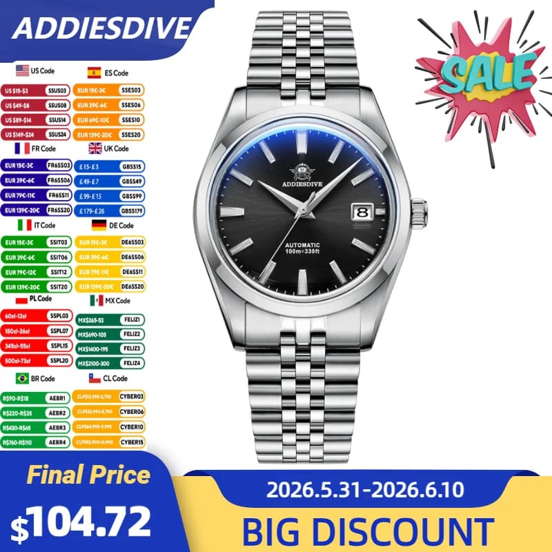 ADDIESDIVE Orologio da uomo NH35 Automatico in acciaio inossidabile 316L Orologi meccanici Quadrante 39mm Calendario Display Orologio da polso classico da uomo