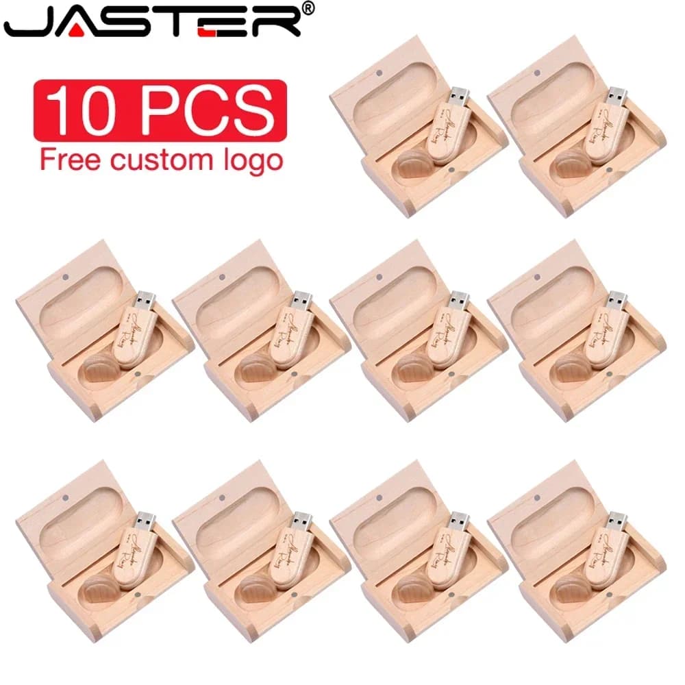 JASTER 10PCS/LOT Wooden USB 2.0 Flash Drive 128GB Pen Drive 64GB 32GB with Box Memory Stick Creative Gift U Disk 16GB for Laptop