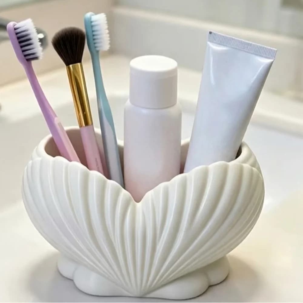 3D Printed Shell Shape Toothpaste Toothbrush Holder Coastal Style Aesthetic Heart Shell Desk Organizer Plastic Stable Base