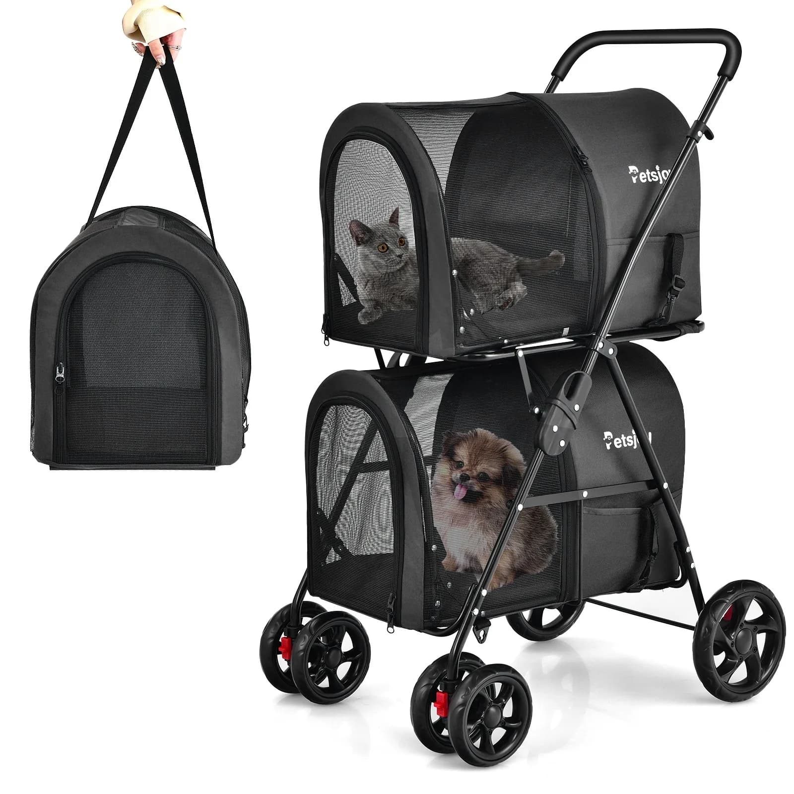 Passeggino Doppio 4-in-1 per Animali Domestici con Trasportino Rimovibile per Gatti Nero