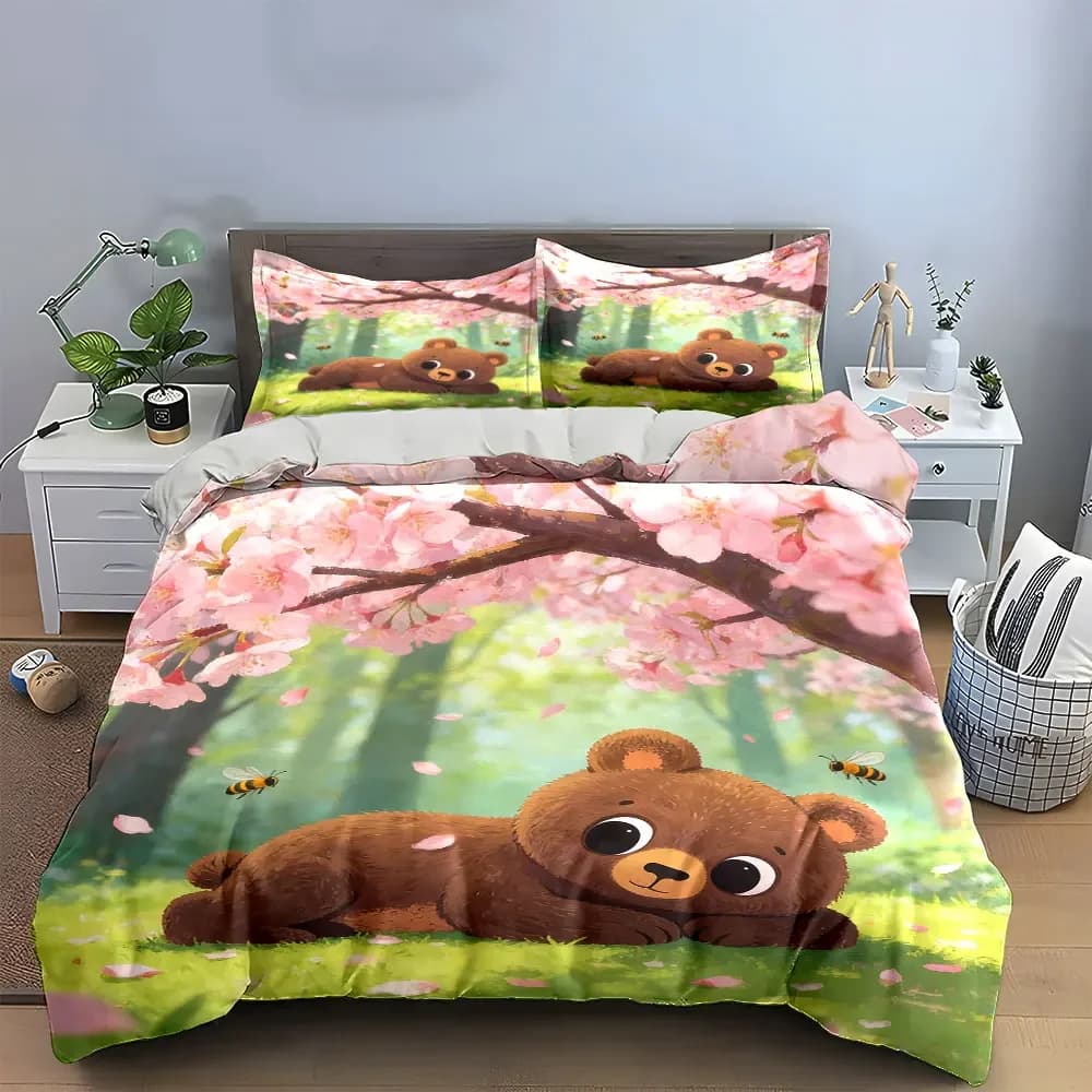 Set di biancheria da letto con copripiumino morbido e confortevole, motivo orsetto dei cartoni animati e natura, include 1 copripiumino e 2 federe, idea regalo