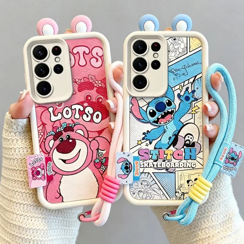 Custodia per telefono Disney con simpatico cartone animato 3D Stitch Strawberry Bear con cordino per iPhone 11 5 6 6s 6plus 7 8 SE 7 8Plus XR XS XSMAX