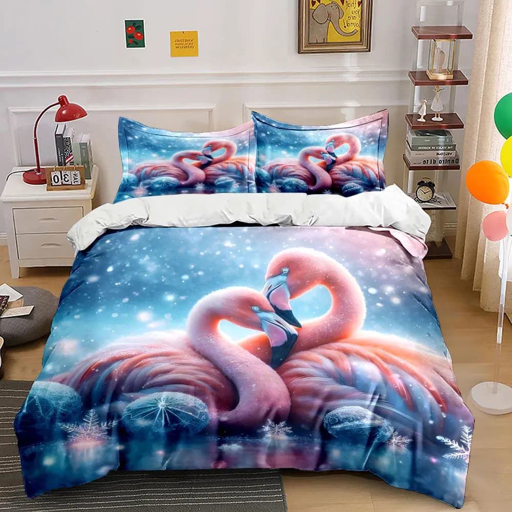 Set copripiumino con stampa 3D di fenicotteri rosa romantici in scena invernale, set biancheria da letto in morbido poliestere, comfort per tutte le stagioni