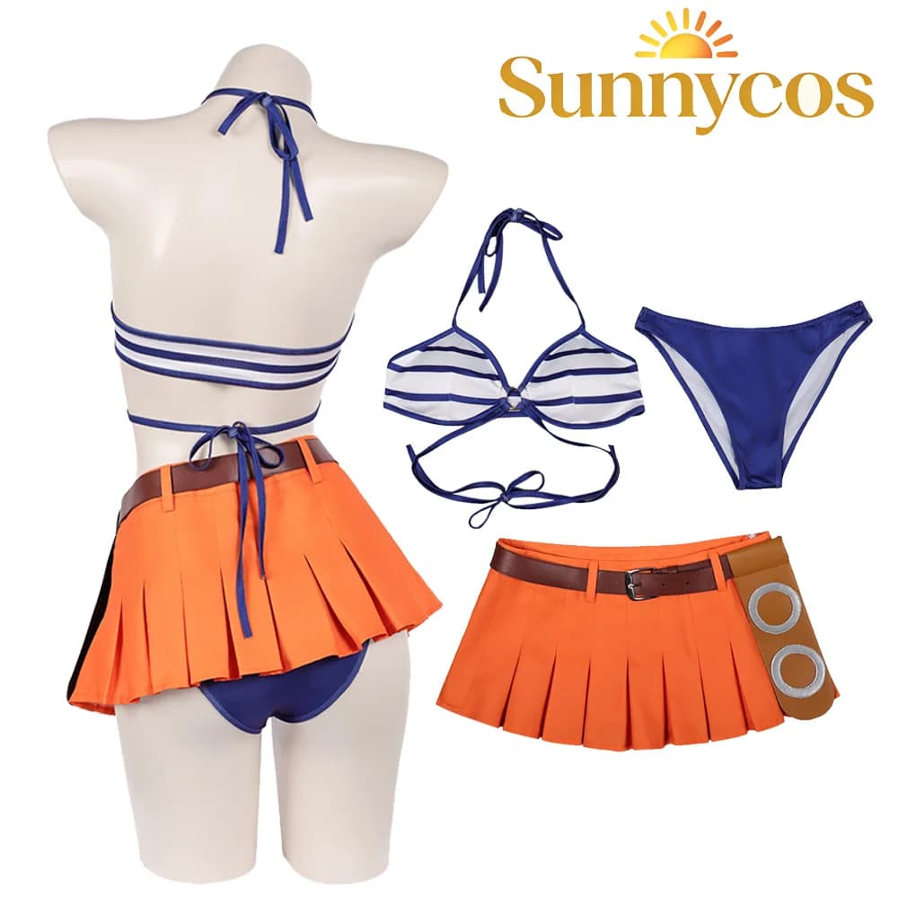 Cosplay Costume Nami for Women, Pirate bikini with Top, skirt and shorts, Beach costume for Halloween and Carnival
