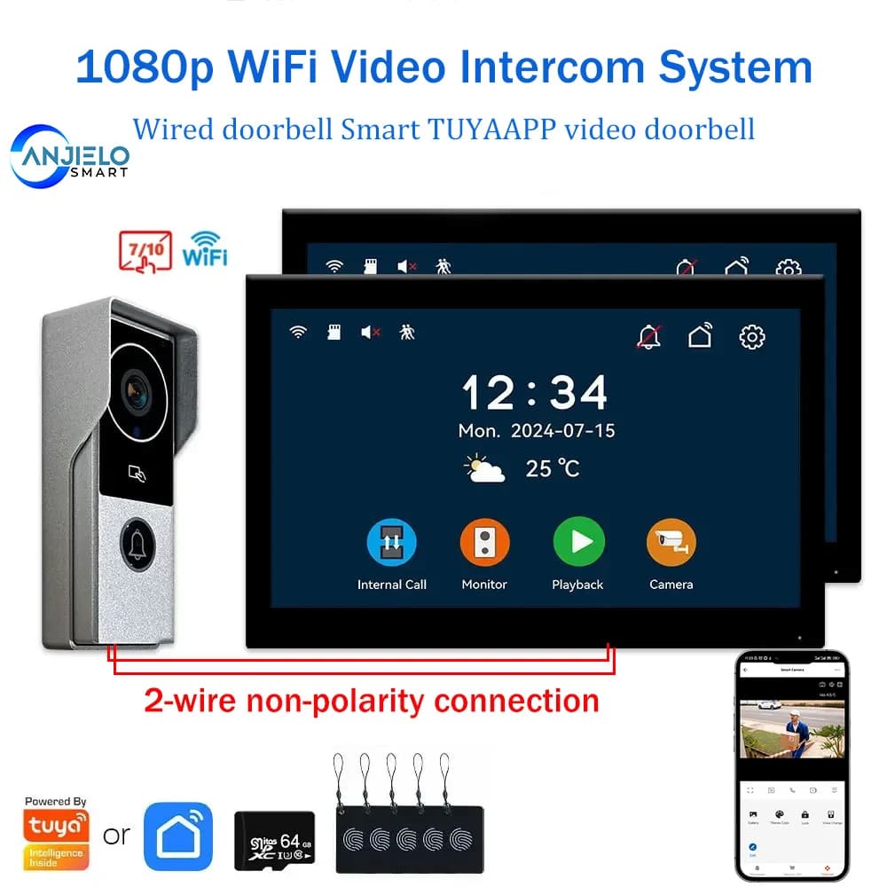 ANJIELO Videocitofono a 2 Fili da 10 Pollici con Telecamera IP Intelligente Tuya, Supporto Video 1080P, Citofono in Metallo per Sicurezza Domestica