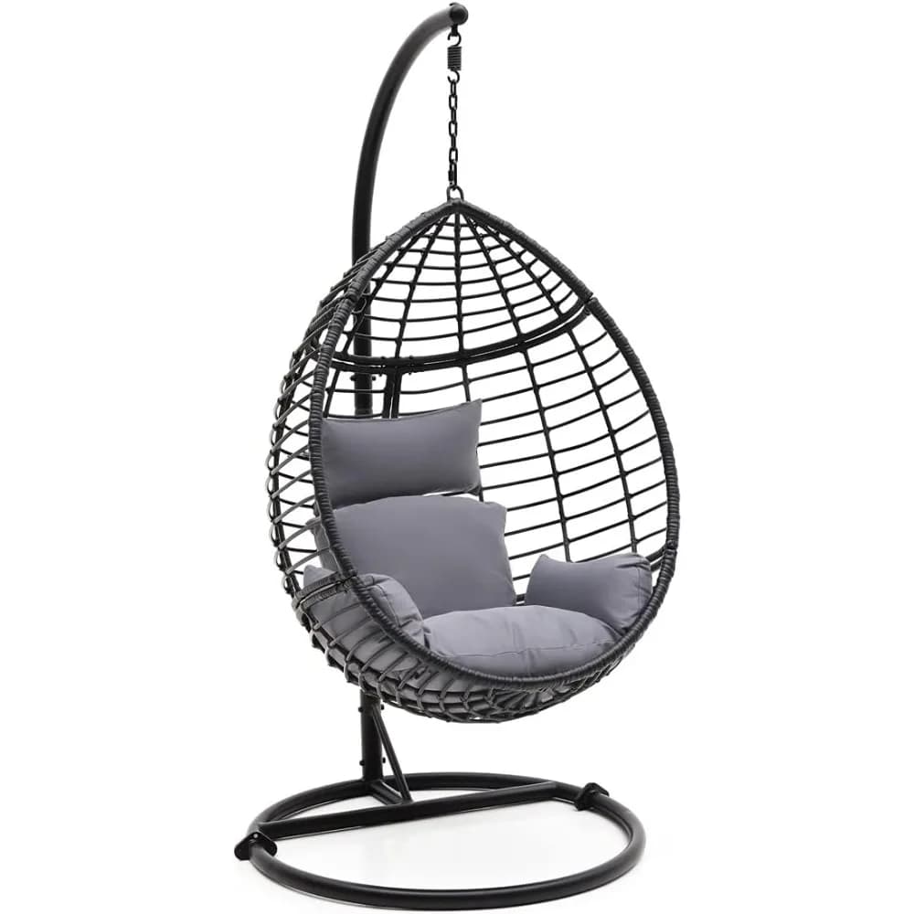 Hanging egg chair for outdoor and indoor use – Thong chair in wicker and rattan with cushions, powder coated steel structure, UV-Re washable