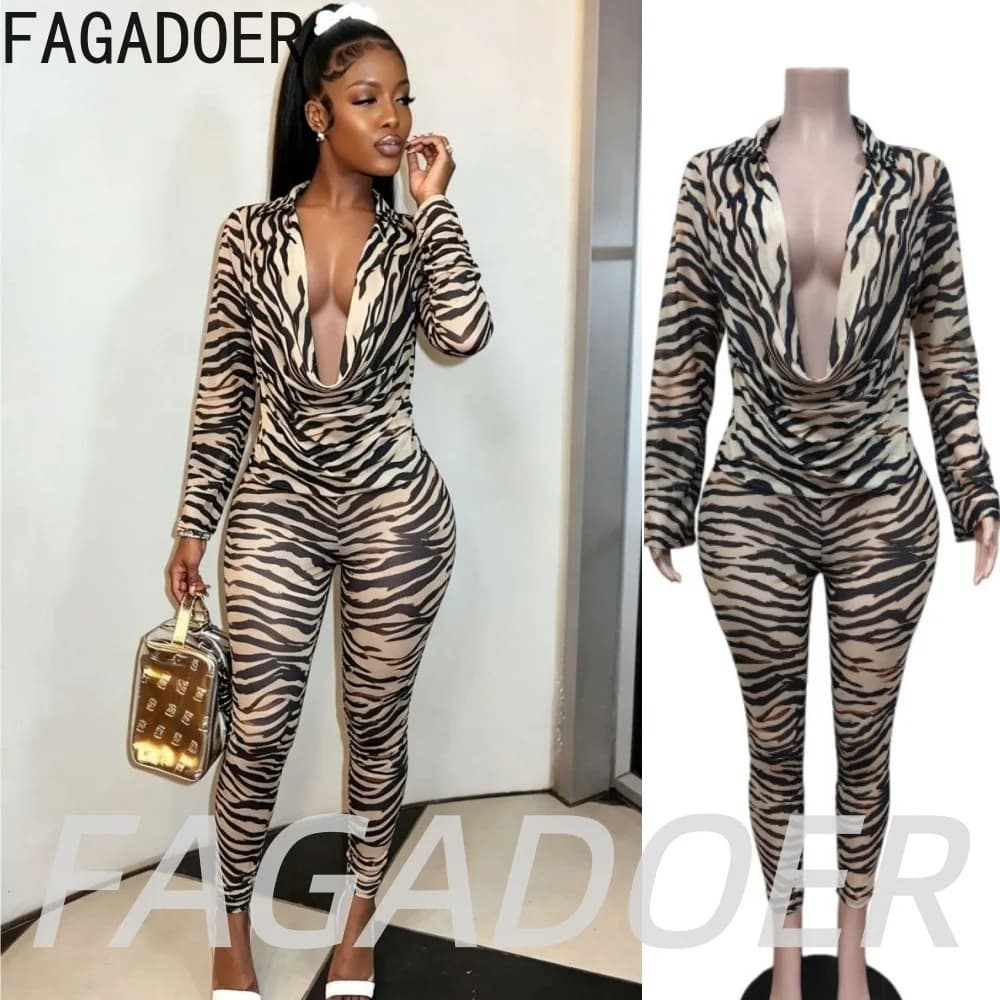 FAGADOER Sexy Mesh Zebra Print Pants Two Piece Outfits Women's Clothing Ruched Deep V Long Sleeves Top + Bodycon Pants Sets New