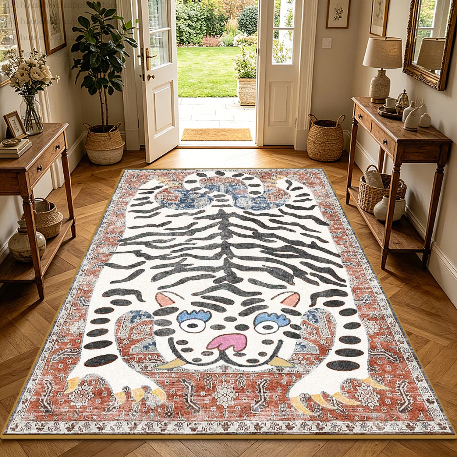 Boho Tiger Print Retro Carpet Living Room Decoration Home Rug Soft Short Velvet Non-slip Bedroom Washable Lounge Party Floor Mat