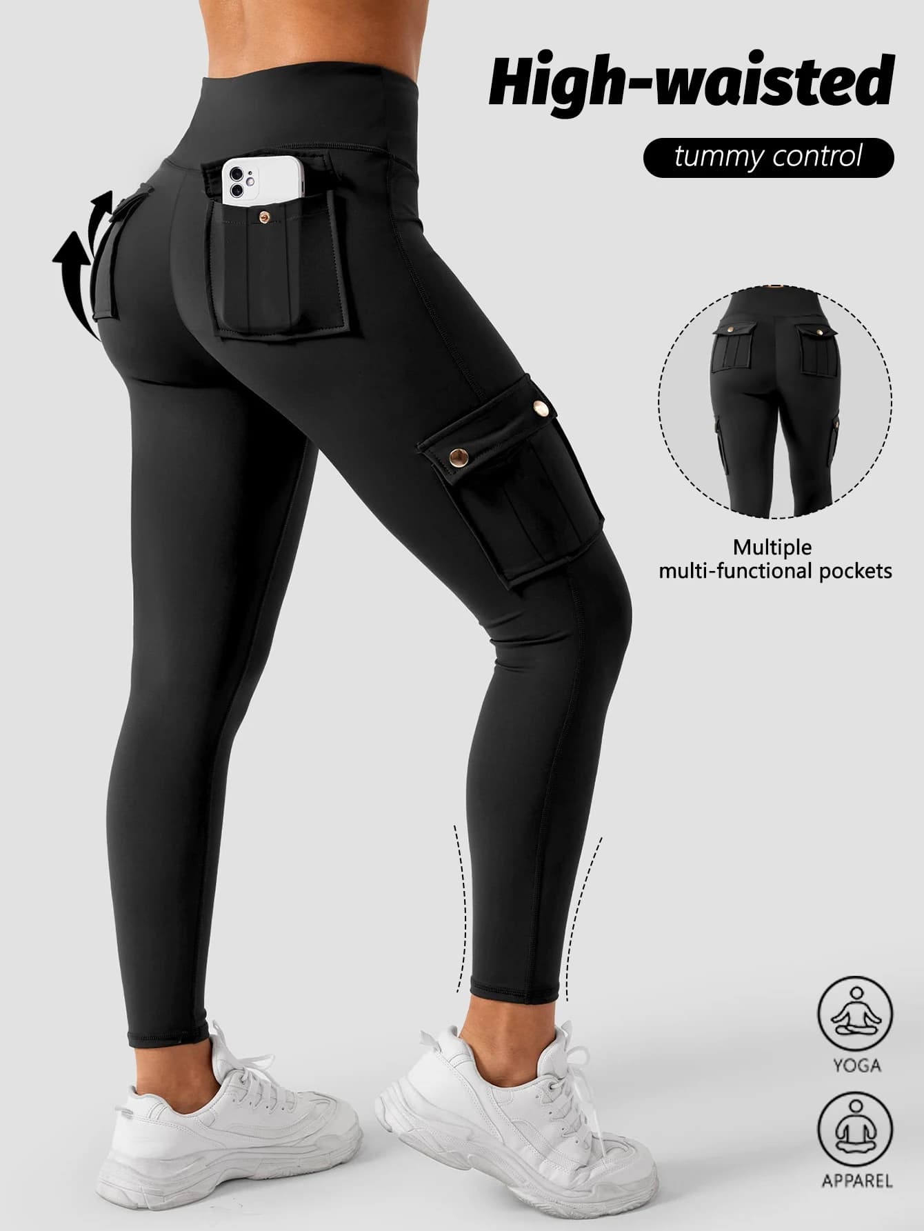 Leggings Cargo da Yoga per Donne, Vita Alta con Tasche Multiple, Effetto Push-Up, Altamente Elasticizzati per Palestra, Fitness e Corsa