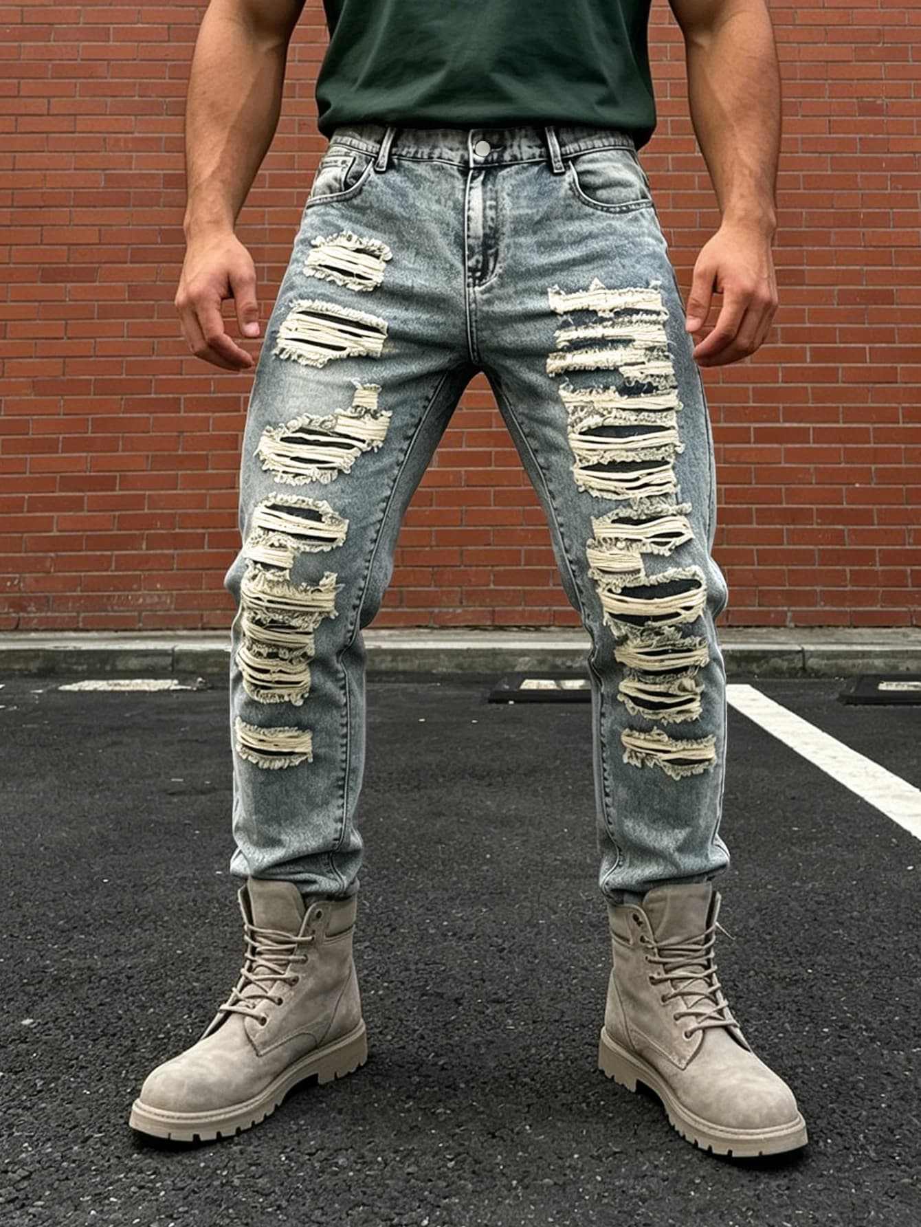 Plus size men's ripped gray blue washed jeans heavy industry multi-layer raw edge ripped straight trousers handsome trendy men