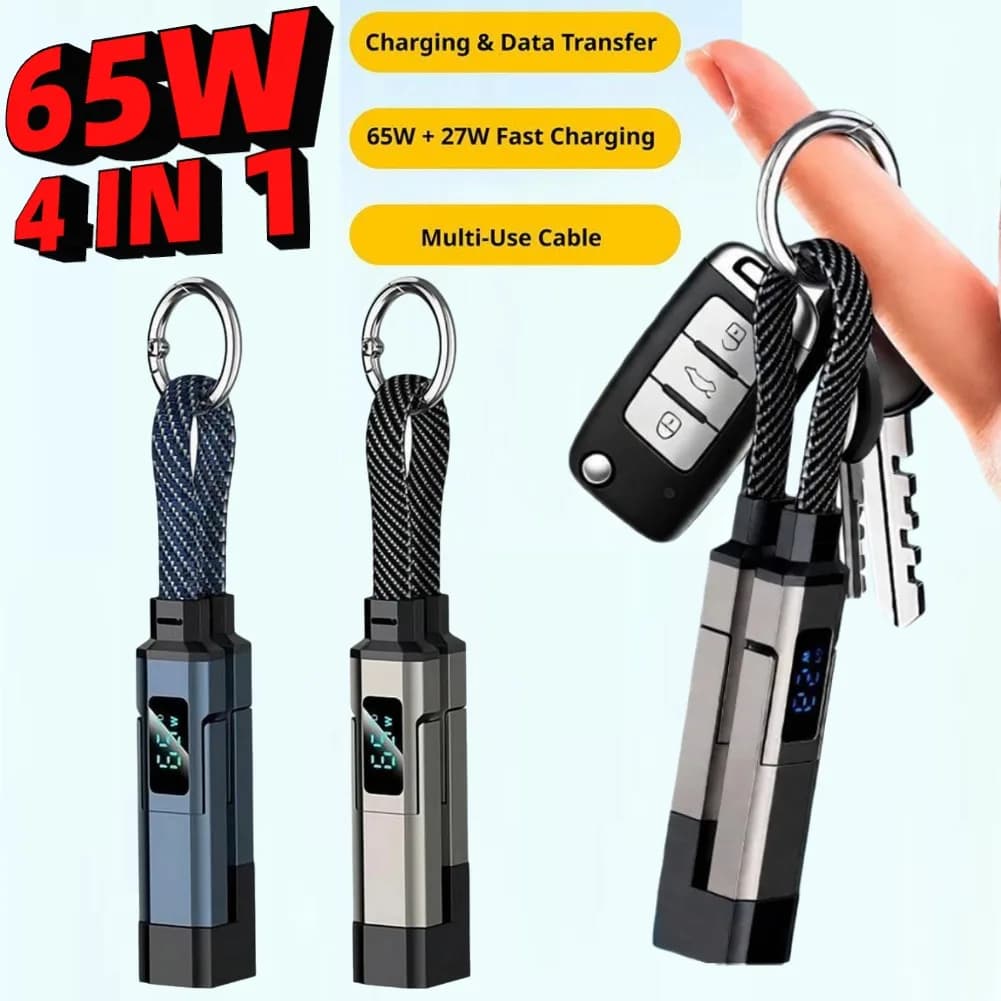Portable Keychain Design Digital Display Data Cable for Samsung Apple iPad Laptop ,4 in 1 65W PD Fast Charging Cable for iPhone