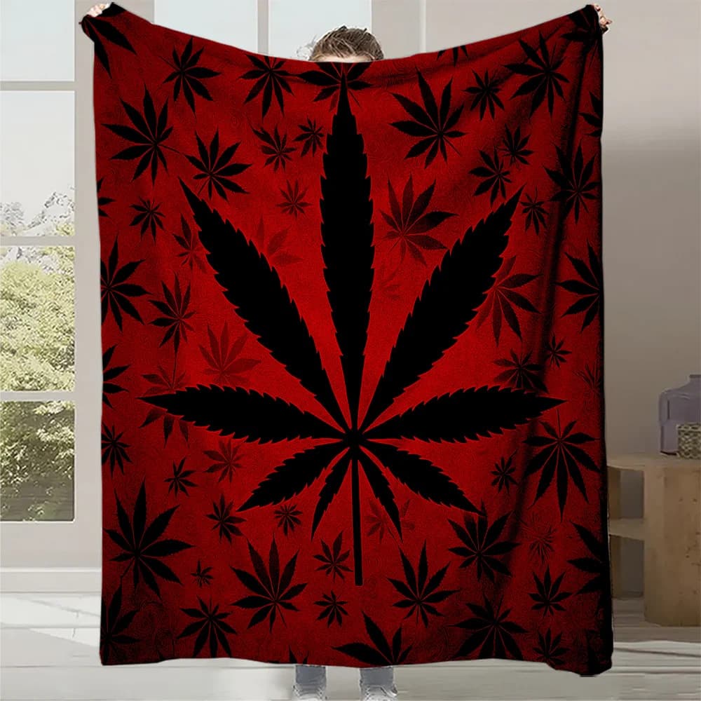 Coperta con Stampa a Foglie - Trapunta in Flanella Resistente con Motivo Foglia di Marijuana Nero e Rosso, Morbida e Calda per Tutte le Stagioni