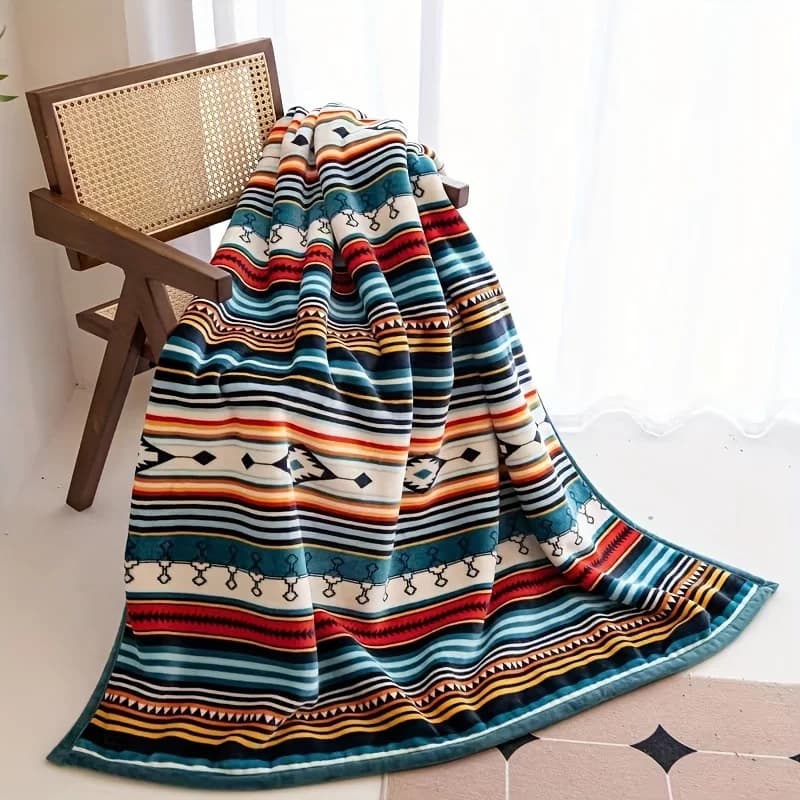 Boho Aztec Blanket Vintage Southwest Tribal Stripe Geometric Flannel Throw Blanket Western Ethnic Style Warm Cover