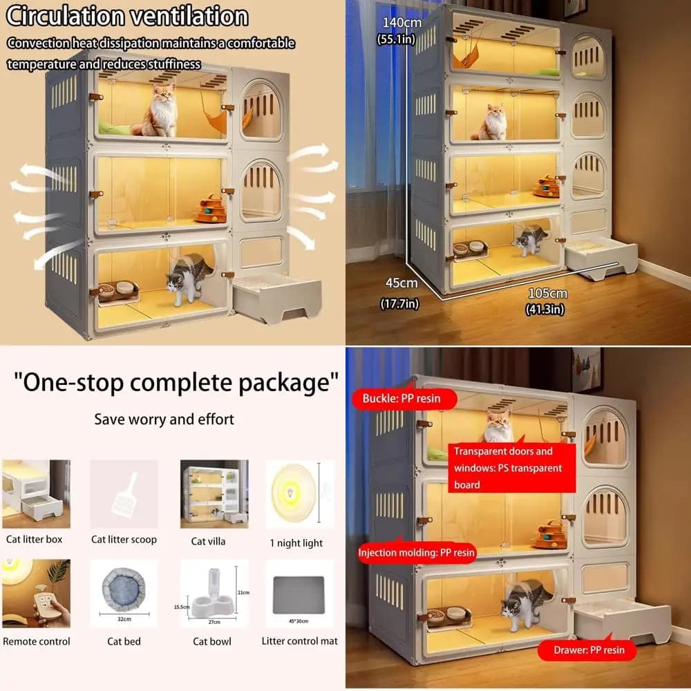 4-Level Indoor/Outdoor Cat Enclosure with Litter Box and Toilet - Yellow