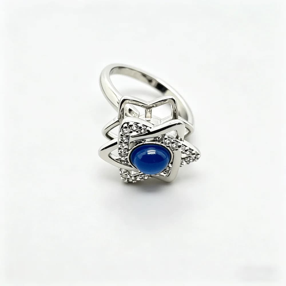 Anello Girevole a Stella Esagramma con Occhio di Gatto Blu, Placcato Argento, Antistress, Geometrico, per Donne, Festa Nuziale