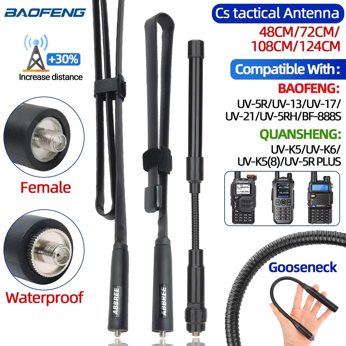 ABBREE CS Antenna Tactical SMA-Femmina Dual Band VHF UHF 144/430Mhz Foldable for Walkie Talkie Baofeng UV-21 UV-5R QuanSheng K5
