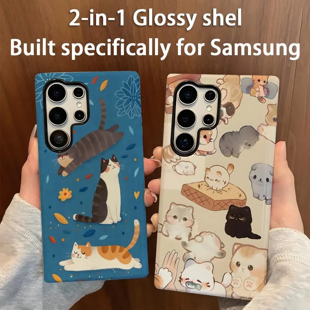 Cute cat Phone Case 2-in-1 Glossy shell For Samsung Galaxy S25 S24 S23 S22 S21 Plus Ultra
