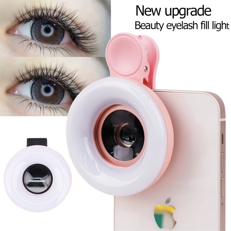 Macro lens HD 2 in 1 for phone with clip and LED ring light for eyelashes and nails makeup