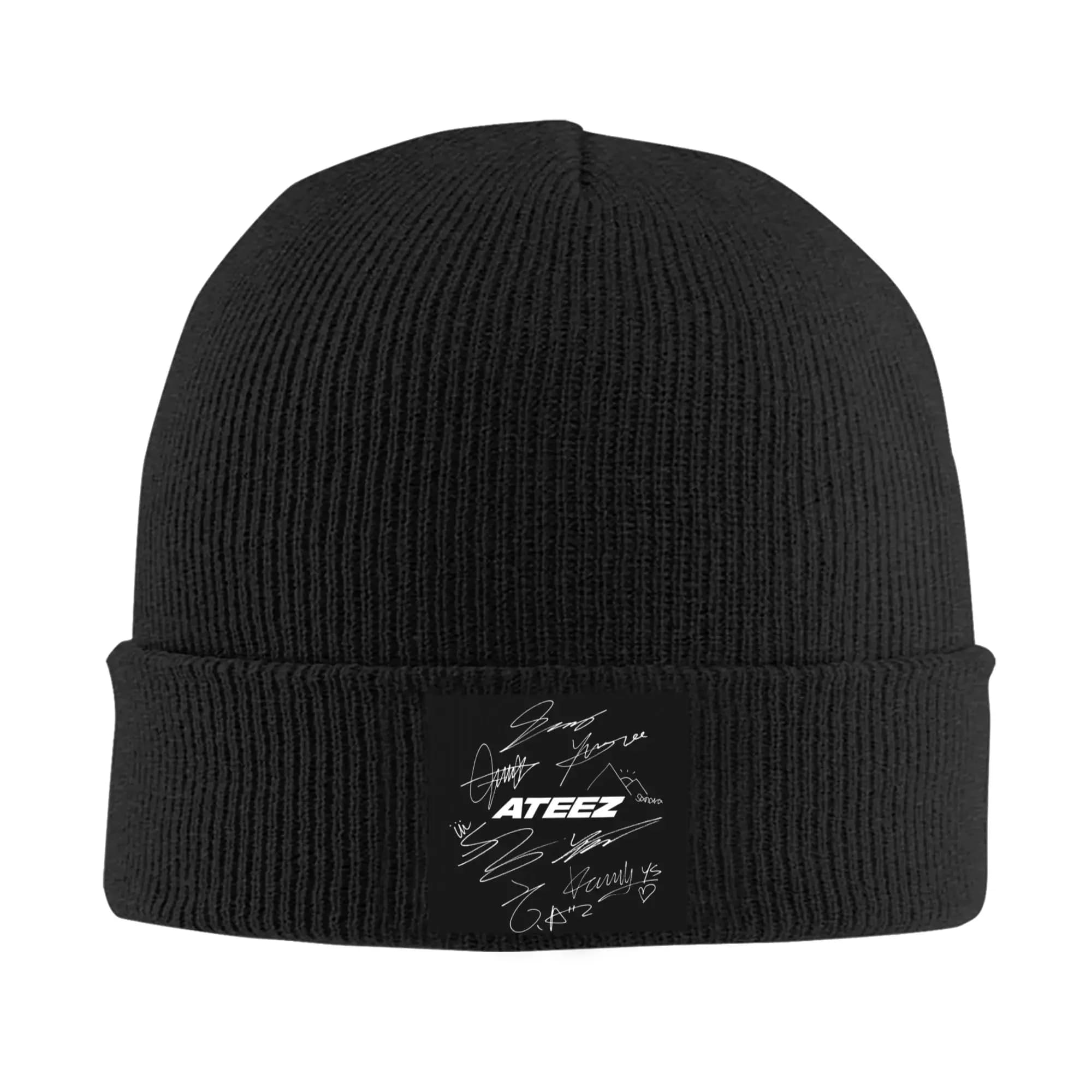 ATEEZ - Logo + autographs (black) Warm Knitted Cap Winter Knit Bonnet Hat Skullies Beanies Hip Hop Caps for Unisex