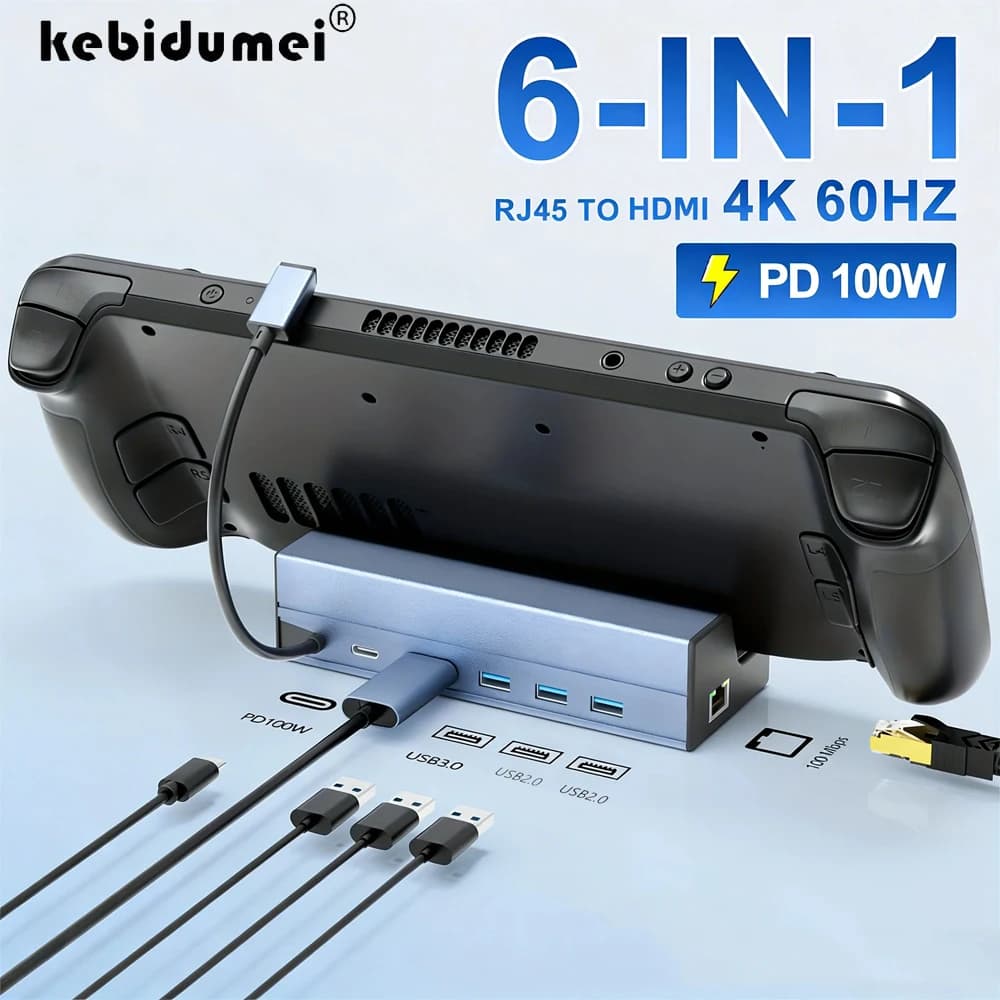KEBIDUMEI Docking Station 6-in-1 4K HDMI-compatibile 2.0 Fast Ethernet LAN 1x USB 3.0 PD 100W Hub di ricarica Base di supporto
