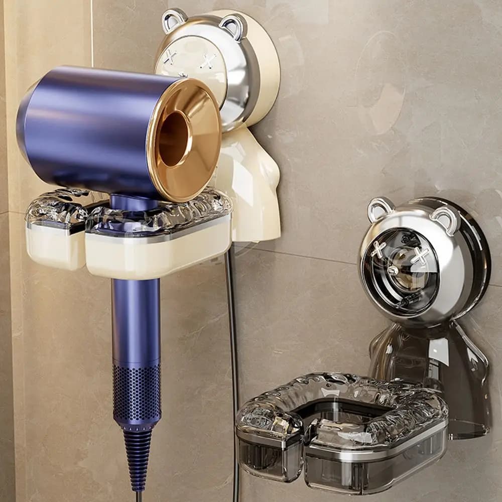 Supporto per asciugacapelli a parete con orso cartone animato, ventosa, staffa per asciugacapelli senza punzonatura, facile installazione, supporto per asciugacapelli grigio bianco