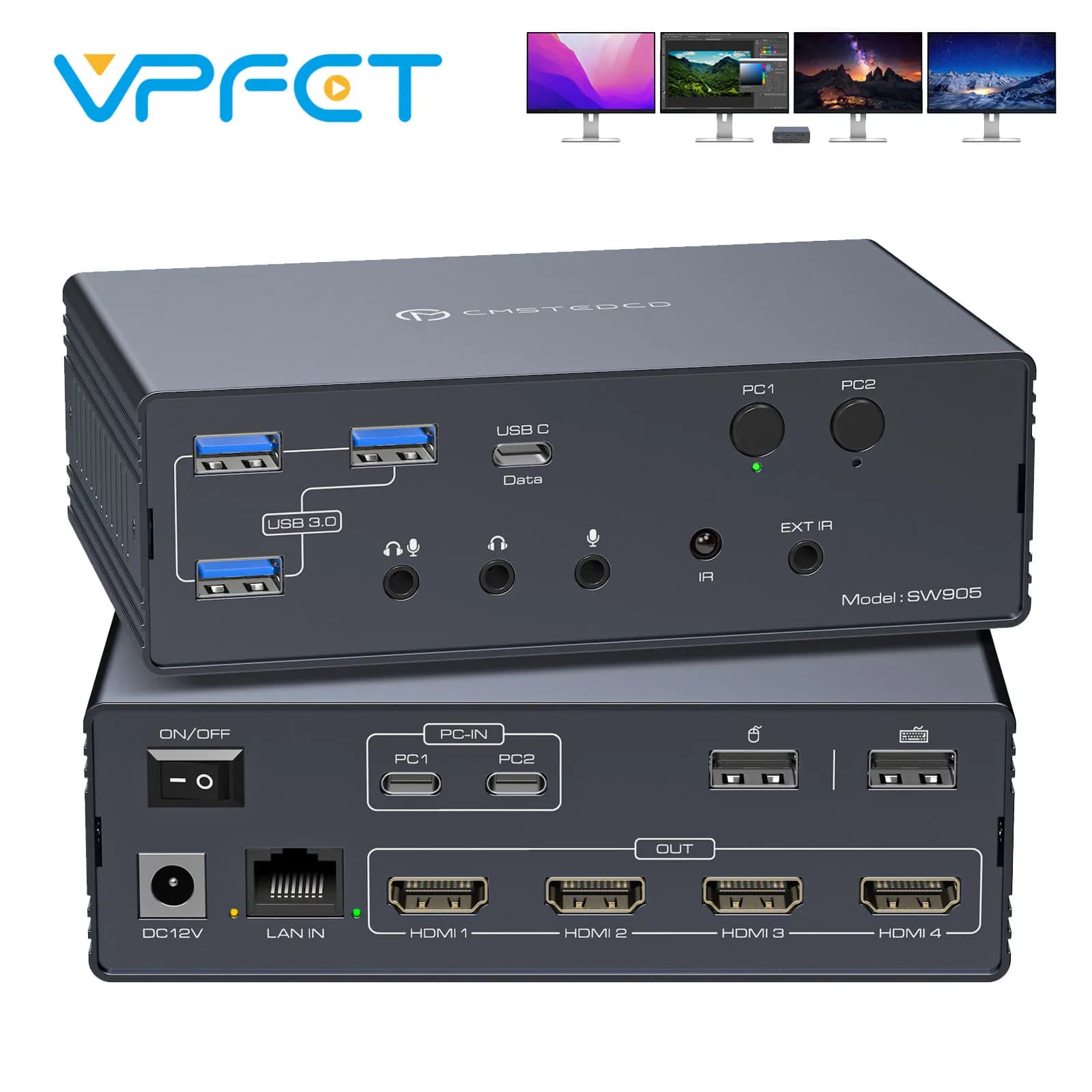 Switch KVM USB C per Quattro Monitor HDMI 4K@60Hz, Docking Station KVM per Condivisione di 4 Monitor, Dispositivo USB 3.2, Ethernet 1000M