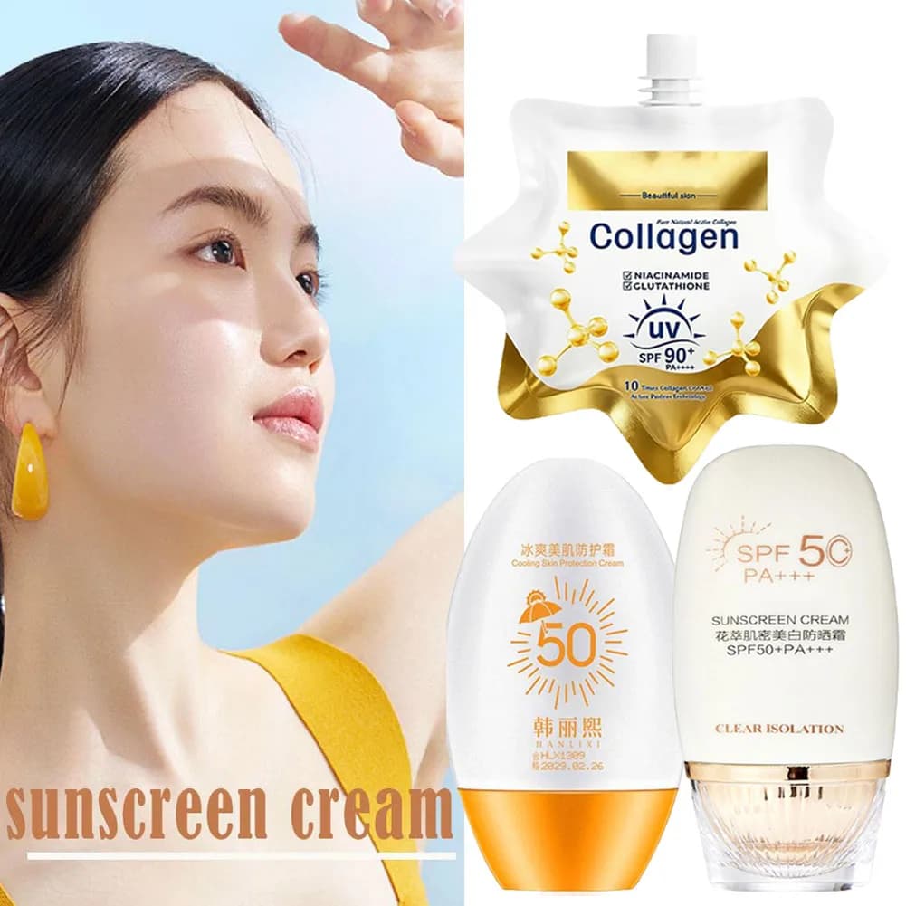 50g Collagen Sunscreen Cream SPF50 PA+++ SPF90 PA++++ Broad Spectrum, Water Resistant, Matte Finish, Reef Friendly For All Skin