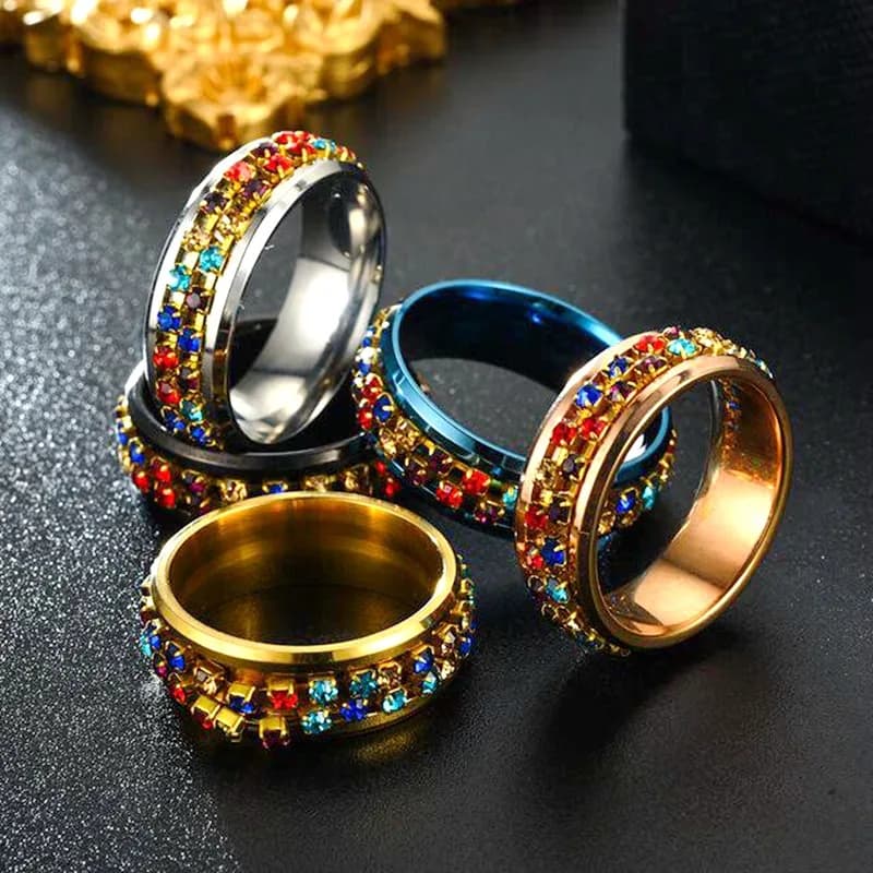 Stainless Steel Anxiety Ring For Women Men Spinner Fidgets Rings Inlay Multicolor Zirconia Ring Anti Stress Rock Biker Jewelry