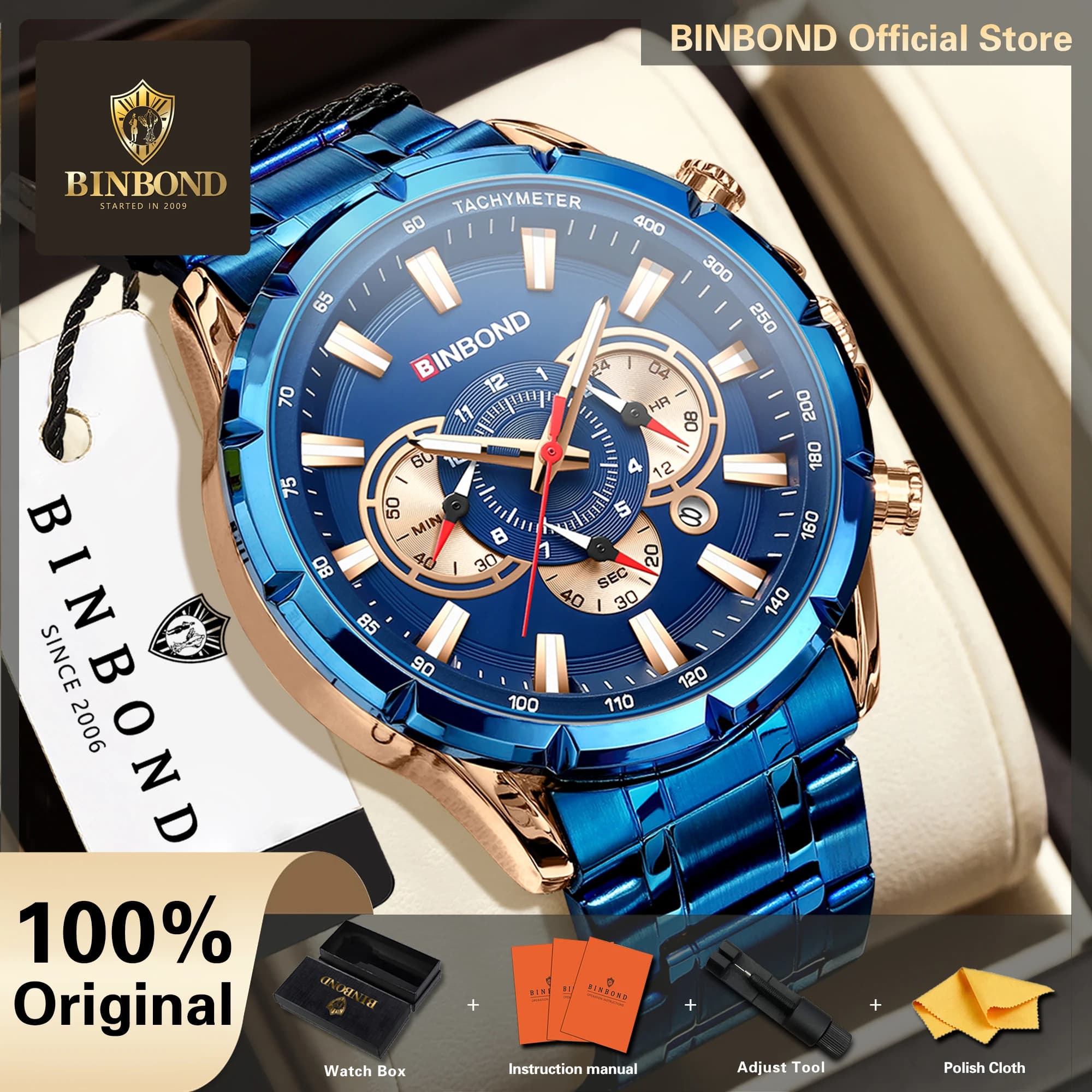 BINBOND Original Quartz Watches For Men Luminous Waterproof Auto Date Chronograph Sports Men's Watch Reloj Hombre +Gitt Box