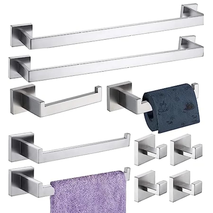 Set di Accessori per Bagno in Nichel Spazzolato, Set di 2 Portasciugamani + 2 Porta Asciugamani + 2 Porta Salviette in Acciaio Inox 304