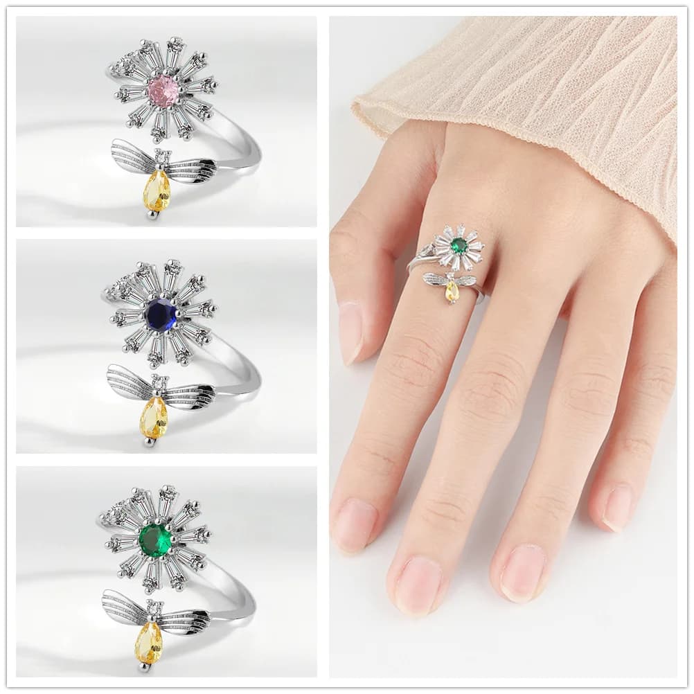 Anello rotante Fidget Spinner girasole e ape per donna Anello aperto regolabile con diamante anti-ansia anelli mujer