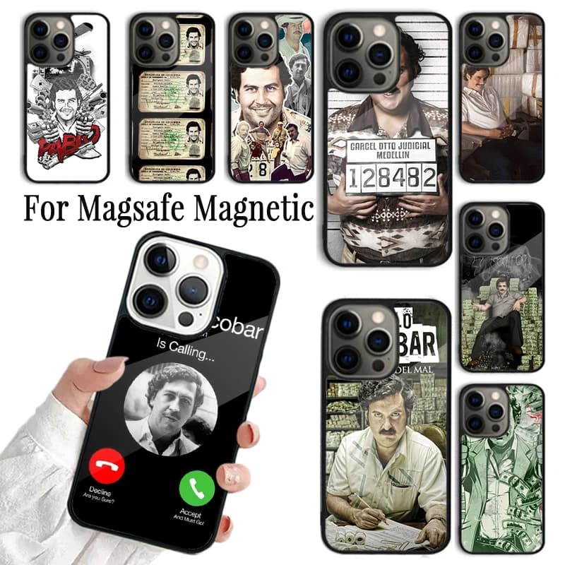 Cover per iPhone 17 AIR 16 15 14 13 12 11 Pro Max Plus con design Pablo Escobar, custodia magnetica wireless Magsafe