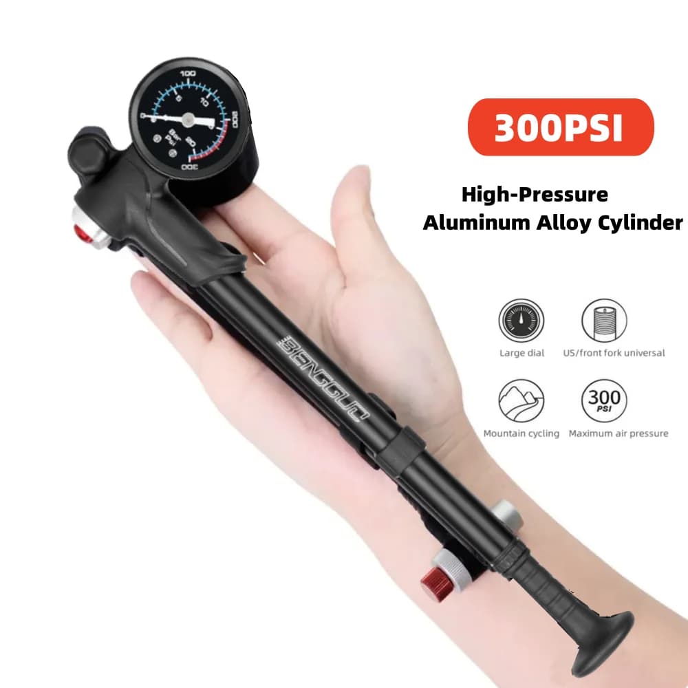 Pompa ad aria portatile per bici ad alta pressione da 300 psi con manometro per forcella e ammortizzatore posteriore, pompa universale per mountain bike