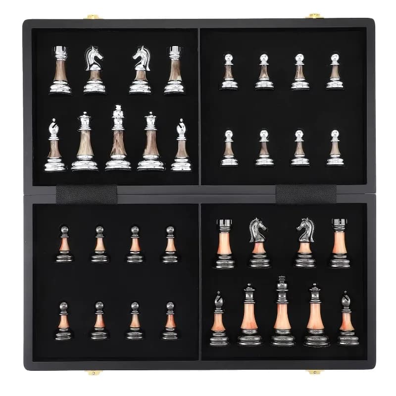 Weighted Chess Set King Tall 3.5 Inch Staunton Silver & Black Anodized Metal Finish Triple Chess Board Wooden Box