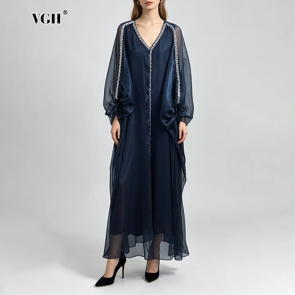 VGH Lussuoso Abito Lungo Stile Abaya Blu Navy con Perline e Maniche Trasparenti, Scollo a V e Gonna Fluida per Eventi Mediorientali